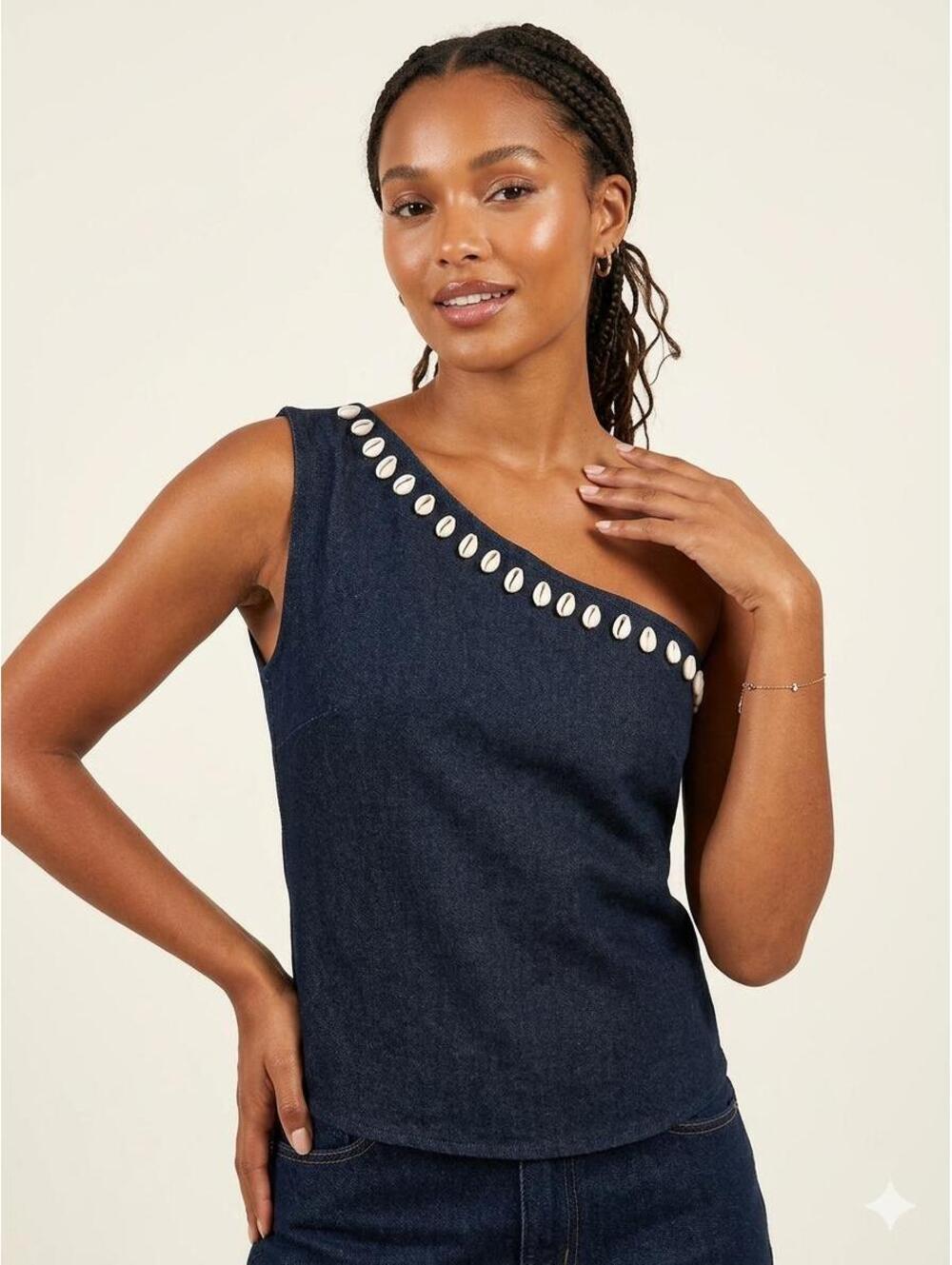 Denim One Shoulder Top with Seashells, Adjustable Back, S-M-L